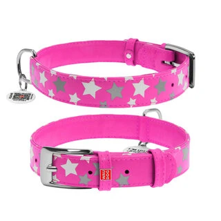 Ошейник для собак кожаный WAUDOG Glamour с QR паспортом, узор "Звёздочка", светящийся/светоотражающий, Ш 25 мм, Дл 38-49 см, розовый