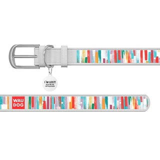 Ошейник WAUDOG Design с рисунком "Яркие полоски", премиум кожа, металлическая пряжка (ширина 35 мм, длина 46-60 см), белый