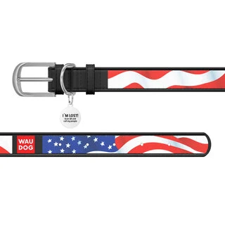Ошейник WAUDOG Design с рисунком "Звёзды и полосы", премиум кожа, металлическая пряжка (ширина 12 мм, длина 21-29 см), черный