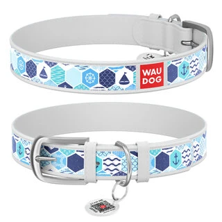 Ошейник WAUDOG Design с рисунком &quot;Морской&quot;, премиум кожа, металлическая пряжка (ширина 20 мм, длина 30-39 см), белый