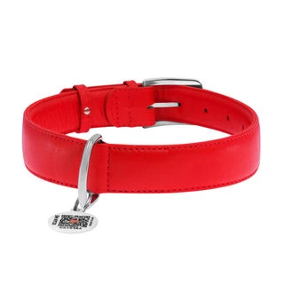 Ошейник для собак кожаный WAUDOG Glamour с QR паспортом, без украшений, Ш 35 мм, Дл 46-60 см, красный