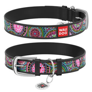 Нашийник WAUDOG Design з малюнком &quot;Мандали&quot;, преміум шкіра, металевий пряжка (ширина 25 мм, довжина 38-49 см), чорний