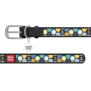 Нашийник WAUDOG Design з малюнком "Морський 2", преміум шкіра, металевий пряжка (ширина 12 мм, довжина 19-25 см), чорний