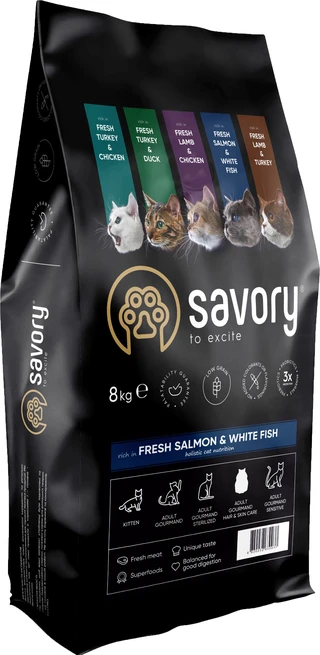 Сухой корм для длинношерстных кошек Savory со свежим лососем и белой рыбой 8 кг