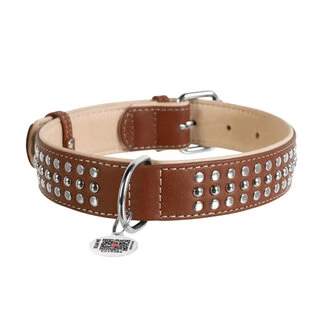 Нашийник для собак шкіряний WAUDOG Soft з QR паспортом, металеві прикраси, Ш 35 мм, Дл 57-71 см