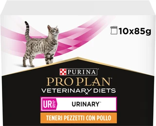 Упаковка вологого дієтичного корму для дорослих котів Pro Plan Veterinary Diets UR ST/OX Urinary для розчинення та зниження утворення струвітних каменів, з куркою 10x85 г