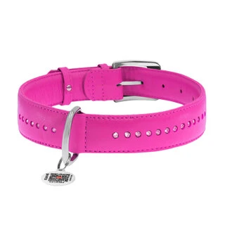 Ошейник для собак кожаный WAUDOG Glamour с QR паспортом, двойной со стразами, Ш 35 мм, Дл 46-60 см, розовый