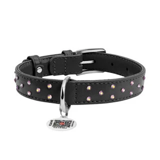 Нашийник для собак шкіряний WAUDOG Glamour з QR паспортом, з клейовими стразами, Ш 20 мм, Дл 30-39 см, чорний