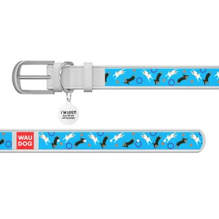 Нашийник WAUDOG Design з малюнком "Ігриві собачки", преміум шкіра, металевий пряжка (ширина 12 мм, довжина 19-25 см), білий