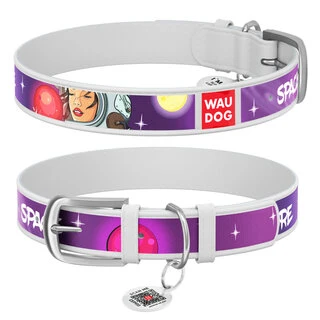 Ошейник для собак кожаный WAUDOG Design с QR паспортом, рисунок "Больше космоса", XS, Ш 12 мм, Дл 19-25 см, белый