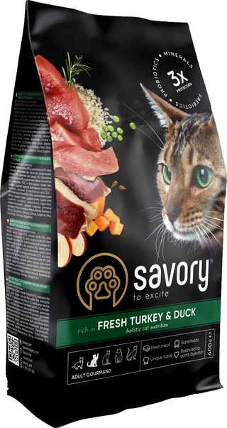 Сухий корм для котів Savory зі свіжим м'ясом індички та качки 400 г