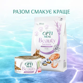 Беззерновий повнораціонний сухий корм для дорослих котів Optimeal Beauty Harmony на основі морепродуктів 1.5 кг