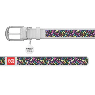 Ошейник WAUDOG Design с рисунком "Конфетти", премиум кожа, металлическая пряжка (ширина 12 мм, длина 19-25 см), белый
