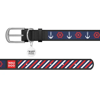 Нашийник WAUDOG Design з малюнком "Якоря 2", преміум шкіра, металевий пряжка (ширина 15 мм, довжина 27-36 см), чорний