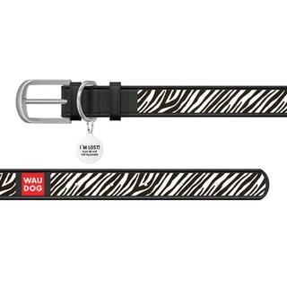 Ошейник WAUDOG Design с рисунком "Зебра", премиум кожа, металлическая пряжка (ширина 20 мм, длина 30-39 см), черный
