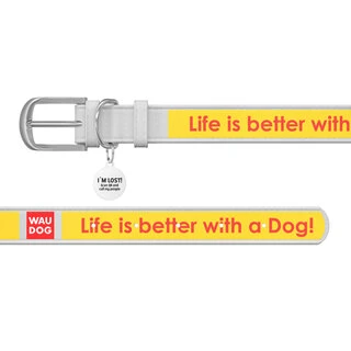 Нашийник WAUDOG Design з малюнком "Найкраще життя", преміум шкіра, металевий пряжка (ширина 12 мм, довжина 21-29 см), білий