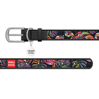 Ошейник WAUDOG Design с рисунком "Яркий тропик", премиум кожа, металлическая пряжка (ширина 25 мм, длина 38-49 см), черный