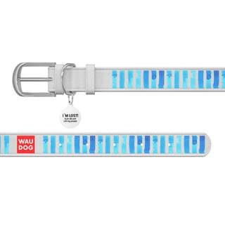 Ошейник WAUDOG Design с рисунком "Голубые полоски", премиум кожа, металлическая пряжка (ширина 35 мм, длина 46-60 см), белый
