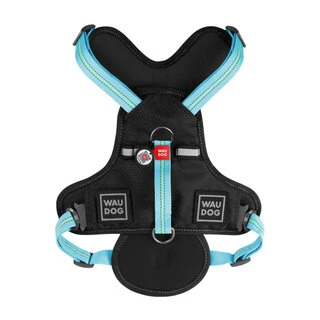 Безпечна шлея для собак WAUDOG Nylon з QR паспортом, металевою пряжкою-фастексом, M, Ш 20 мм, А 45-70 см, В 60-80 см, блакитна