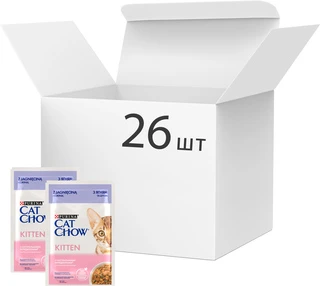 Упаковка вологого корму для кошенят Purina Cat Chow Kitten шматочки в підливі з ягнятиною та цукіні 85 г x 26 шт.