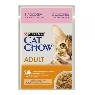 Упаковка вологого корму для дорослих котів Purina Cat Chow Adult з лососем та зеленою квасолею 85 г x 26 шт
