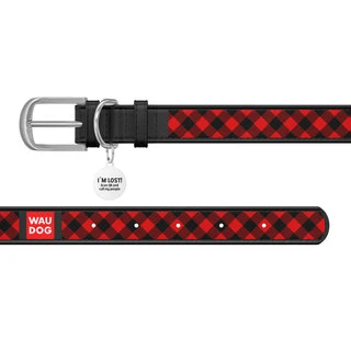 Ошейник WAUDOG Design с рисунком "Шотландка красная", премиум кожа, металлическая пряжка (ширина 12 мм, длина 21-29 см), черный