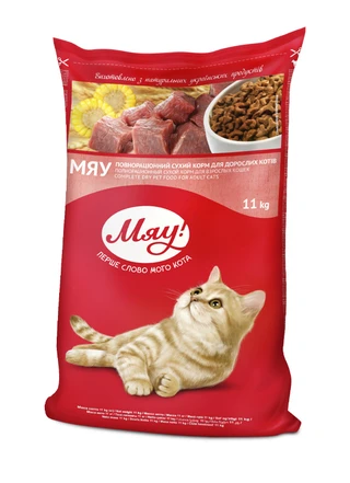 Сухой полнорационный корм для взрослых котов Мяу! со вкусом мяса 11 кг