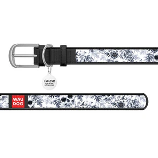 Ошейник WAUDOG Design с рисунком "Черно-белые черепа", премиум кожа, металлическая пряжка (ширина 25 мм, длина 38-49 см), черный