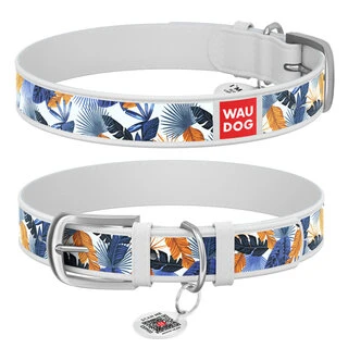 Ошейник WAUDOG Design с рисунком &quot;Джунгли&quot;, премиум кожа, металлическая пряжка (ширина 20 мм, длина 30-39 см), белый