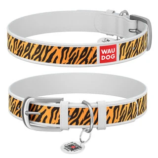 Ошейник WAUDOG Design с рисунком "Тигр", премиум кожа, металлическая пряжка (ширина 15 мм, длина 27-36 см), белый