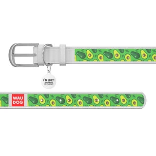 Ошейник WAUDOG Design с рисунком "Авокадо", премиум кожа, металлическая пряжка (ширина 20 мм, длина 30-39 см), белый