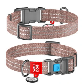 Ошейник для собак из восстановленного хлопка WAUDOG Re-cotton с QR паспортом, светоотражающий, пластиковый фастекс, Ш 15 мм, Дл 23-35 см, коричневый