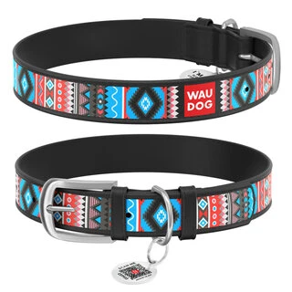 Ошейник для собак кожаный WAUDOG Design с QR паспортом, рисунок &quot;Этно&quot;, Ш 15 мм, Дл 27-36 см, черный
