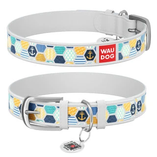 Нашийник WAUDOG Design з малюнком &quot;Морський 2&quot;, преміум шкіра, металевий пряжка (ширина 20 мм, довжина 30-39 см), білий