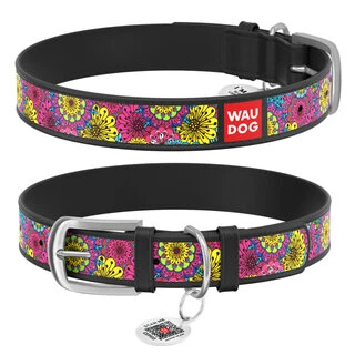 Ошейник WAUDOG Design с рисунком &quot;Весна&quot;, премиум кожа, металлическая пряжка (ширина 12 мм, длина 21-29 см), черный