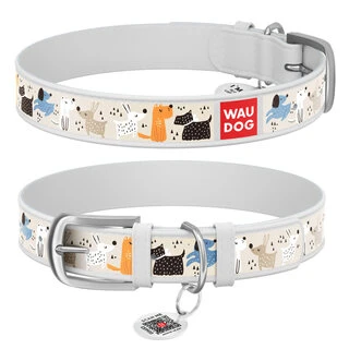 Ошейник WAUDOG Design с рисунком "Собачки на прогулке", премиум кожа, металлическая пряжка (ширина 25 мм, длина 38-49 см), белый