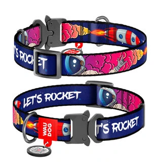 Ошейник для собак нейлоновый WAUDOG Nylon c QR-паспортом, рисунок "Космос. Ракета", металлическая пряжка-фастекс, M, Ш 20 мм, Дл 24-40 см