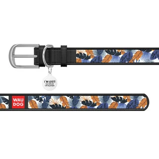 Ошейник WAUDOG Design с рисунком "Джунгли", премиум кожа, металлическая пряжка (ширина 20 мм, длина 30-39 см), черный