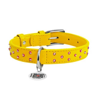 Нашийник для собак шкіряний WAUDOG Glamour з QR паспортом, з клейовими стразами, Ш 20 мм, Дл 30-39 см, жовтий