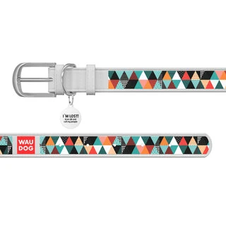 Ошейник WAUDOG Design с рисунком "Пэчворк 2", премиум кожа, металлическая пряжка (ширина 15 мм, длина 27-36 см), белый