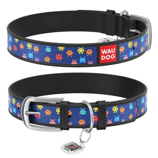 Нашийник WAUDOG Design з малюнком &quot;Пікселі&quot;, преміум шкіра, металевий пряжка (ширина 15 мм, довжина 27-36 см), чорний