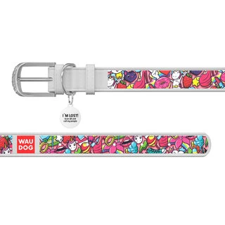 Ошейник WAUDOG Design с рисунком "Фантазия", премиум кожа, металлическая пряжка (ширина 25 мм, длина 38-49 см), белый