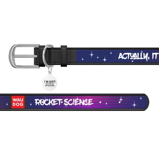 Нашийник для собак шкіряний WAUDOG Design з QR паспортом, малюнок "Космос. Ракетобудування", XS, Ш 12 мм, Дл 19-25 см, чорний