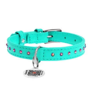 Ошейник для собак кожаный WAUDOG Glamour с QR паспортом, с клеевыми стразами, Ш 15 мм, Дл 27-36 см, ментоловый
