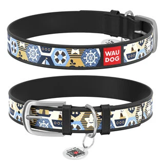 Нашийник WAUDOG Design з малюнком &quot;Капітан&quot;, преміум шкіра, металевий пряжка (ширина 12 мм, довжина 21-29 см), чорний