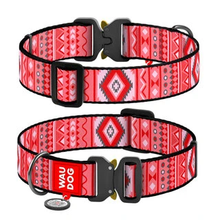 Ошейник для собак нейлоновый WAUDOG Nylon с QR паспортом, рисунок "Этно красный", металлическая пряжка-фастекс, XXL, Ш 35 мм, Дл 43-70 см