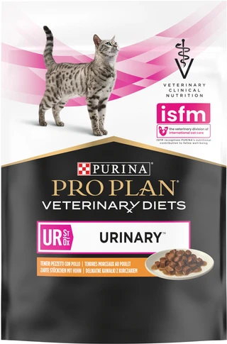 Упаковка вологого дієтичного корму для дорослих котів Pro Plan Veterinary Diets UR ST/OX Urinary для розчинення та зниження утворення струвітних каменів, з куркою 10x85 г