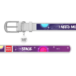 Ошейник для собак кожаный WAUDOG Design с QR паспортом, рисунок "Больше космоса", M, Ш 20 мм, Дл 30-39 см, белый