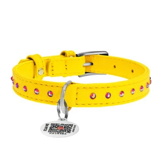 Нашийник для собак шкіряний WAUDOG Glamour з QR паспортом, з клейовими стразами, Ш 12 мм, Дл 21-29 см, жовтий