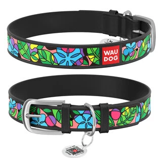 Ошейник WAUDOG Design с рисунком &quot;Эмаль&quot;, премиум кожа, металлическая пряжка (ширина 35 мм, длина 46-60 см), черный